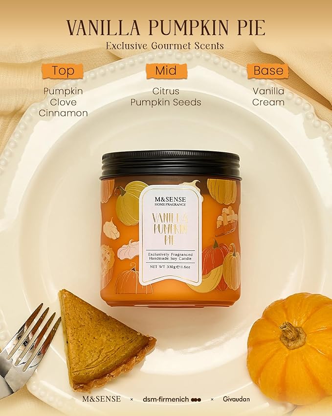M&SENSE Fall Candles Vanilla Pumpkin Pie Scented, 11.6oz Natural Soy Wax Non Toxic, Double Wick 70 Hours Clean Burn, Warm Spiced Autumn Scent, Seasonal Gifts Home Decor
