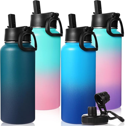 Neihepal 32 oz Insulated Water Bottles Bulk with 2 Lids (Straw & Spout Lid), Stainless Steel Double Wall Water Bottle, Keeps Cold 24H & Hot 12H (Assorted,4 Pack)