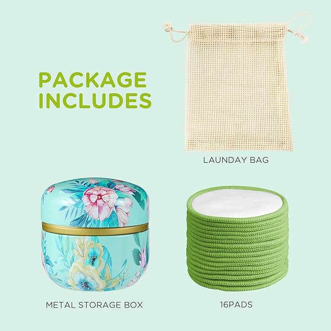 16 Packs Reusable Makeup Remover Pads - Natural Bamboo Cotton Rounds Eco-Friendly for All Skin Types with Cotton Laundry Bag & Fashionable Metal Box，Green