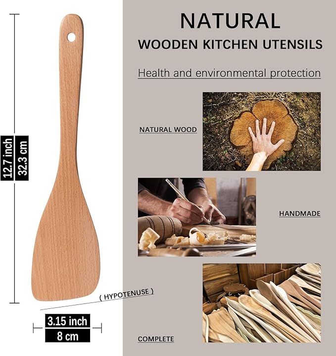 2PCS Wooden Spatulas for Cooking,12.8inch Coated Beech Wood Turners for Frying,Non-Scratch Wood Bevel Spurtle for Pan & Wok,Wooden Cooking Utensils for Non Stick Cookware,Long Handle Scraper