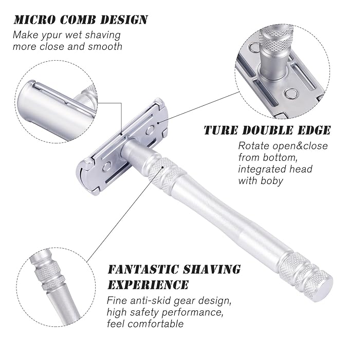 Men's and Women's Manual Razor Safety Razor with 10 Double Edge Blades, Double Edge Razor, Eco-Friendly, Smooth Close Shave, Plastic-Free, Easy to Carry for Traveling at Home (Silver)