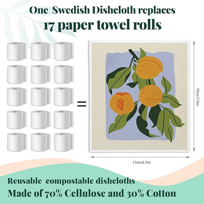 Swedish Dishcloths for Kitchen, Papaya Reusable Paper Towels Washable, Oranges Peach Lemon Colorful Swedish DishCloths for Friut, 4 Pack Dish Towels for Kitchen