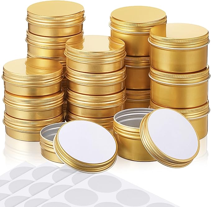 Patelai 72 Pcs Aluminum Tins 36pcs 2oz+4oz 36pcs Salve Containers with Screw Lid and Labels Round Cans Travel Cosmetic Metal Tins Jar for Candles Lotion Bars Balms Food Spice Candies DIY Crafts(Gold)