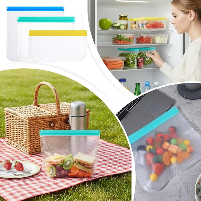 32 Pack Reusable Storage Bags, 3 Sizes Leakproof Food Bags, Dishwasher Safe BPA-Free Sandwich Snack Gallon Bag for Milk Bread Fruit Vegetable Meat Cookie, 3 Colors