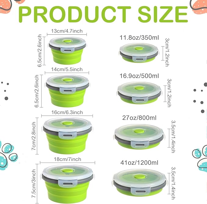 Suclain 4 Pcs Collapsible Bowls with Lids Silicone Camping Food Storage Container Expandable Folding Salad Lunch Box Travel Container for Hiking Camping(Green,12, 17, 27, 41 oz)