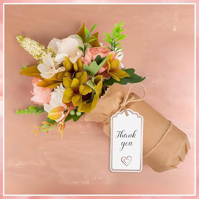 120 PCS Gift Tags with String Attached Foil Rose Gold Heart Paper Tags Writable Blank Tag for Gift Bags Valentine's Day Mother's Day Wedding DIY Craft Project Stocking Stuffers 3.5''×2''