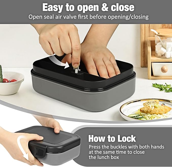 Caperci Bento Box Adult Lunch Box - Stackable Leakproof 47oz Lunch Containers for Adults with Sauce Container - Idea for Office, On-the-go, Microwave/Dishwasher Safe, BPA Free (Black)