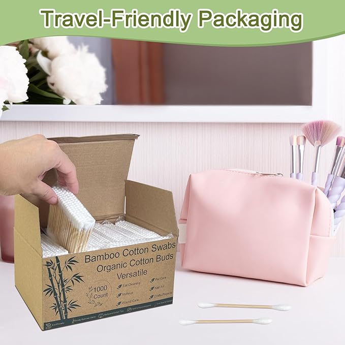 Bamboo Cotton Swabs - Biodegradable Double-Tipped Organic Cotton Buds with Wooden Sticks for Makeup, Personal Care, Ear Cleaning and Pet Grooming (1000 Count)