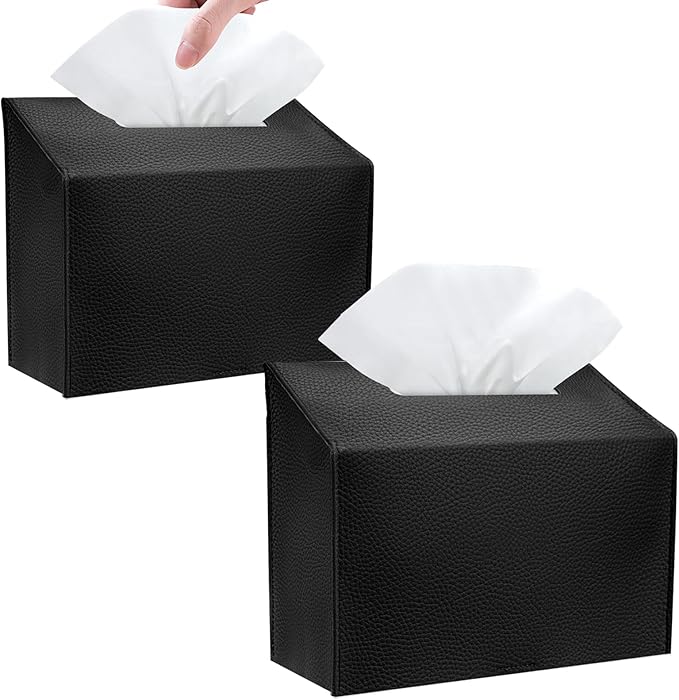 Tissue Box Cover Holder Compatible with Kleenex Disposable Paper Hand Towels, Leather Paper Towel Dispenser for Tabletop, Bathroom, Car, Office (Black-2 Pack)