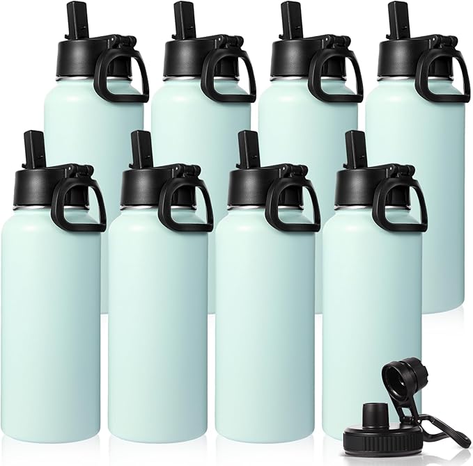 Neihepal 32 oz Insulated Water Bottles Bulk with 2 Lids (Straw & Spout Lid), Stainless Steel Double Wall Water Bottle, Keeps Cold 24H & Hot 12H (Fog,8 Pack)