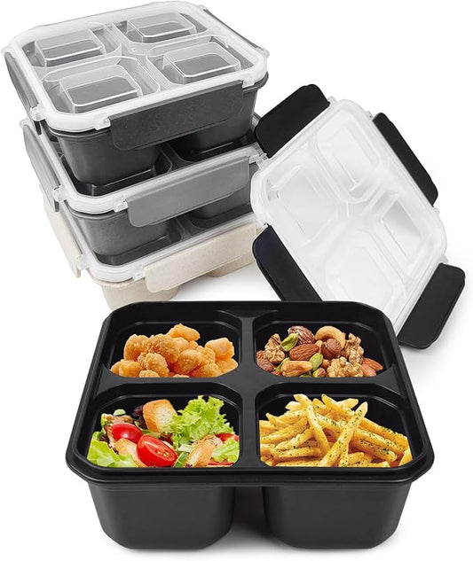 greenandlife 4 Pack Bento Lunch Box Set for Kids Adults, 4 Compartment Reusable Wheat Straw Meal Prep Food Storage Snack Containers, Stackable Snack box, Microwave and Dishwasher Safe, Grey+Black