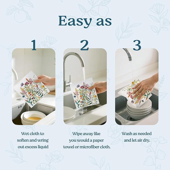Swedish Dishcloths for Kitchen, Summer Wildflower Dish Rags Floral Kitchen Dish Towels for Washing Dishes, 4 Pack Reusable Paper Towels, Sponge Cloths for Home Cleaning Cooking Baking