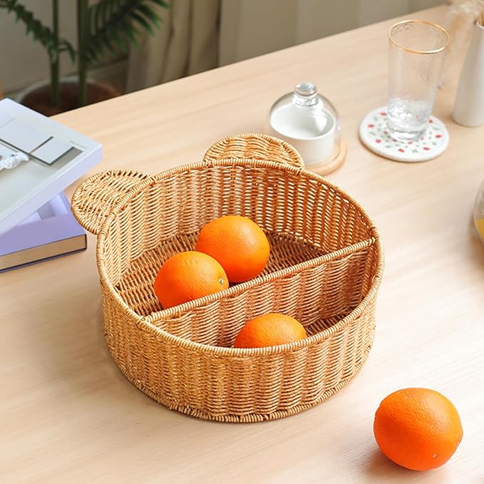 Natural Woven Bear Ear Wall Shelf Handmade Storage Basket for Small Plants and Books Decorative Floating Organizer with Unique Animal Design