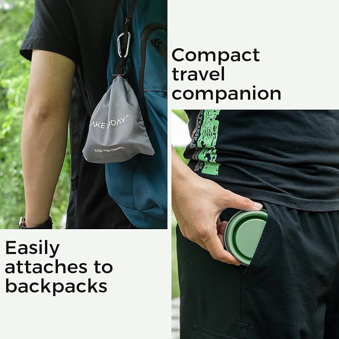 TakeToday Collapsible Travel Cup - Silicone Foldable Water Cup, BPA-Free with Lid & Waterproof Bag - Drinking Cup Set for Office, Camping & International Travel（8 Oz, Green）