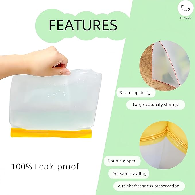 10 Pack Freezer Bags Dishwasher Safe, BPA-Free and Leakproof Reusable Gallon Bags for Marinate Meats Vegetables, Standing Up Design Reusable Food Storage Bags, 3 Gallon, 4 Sandwich, 3 Snack