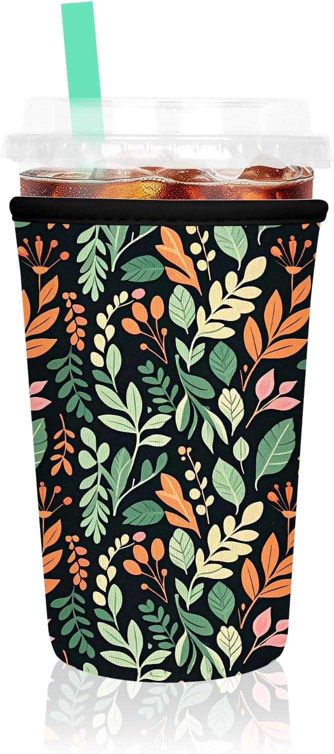 Iced Coffee Sleeve, Reusable Insulated Neoprene Cup Sleeve for Cold & Hot Drinks Beverages, Cup Holder for 22-24oz Coffee Cups, Colorful Leaves
