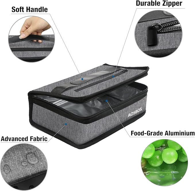 Aosbos Small Insulated Lunch Bag - Compact Lunch Box for Portion Control, Work & Office, Grey