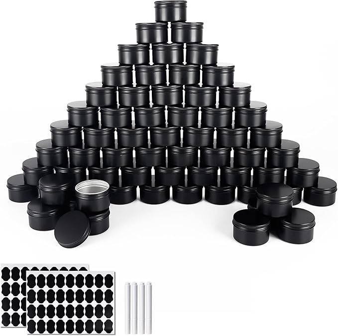 64 Pack Round Cans with Screw Lid 4 Oz Aluminum Metal Tins DIY Food Candle Containers for Lotion Bars, Balms, Salve, Spices, Beard Balm, Crafts with 4 Markers 2 Sheets Label Stickers (Black)