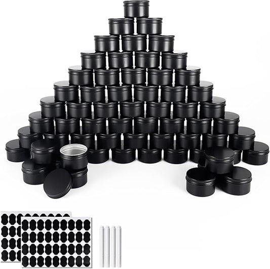 64 Pack Round Cans with Screw Lid 4 Oz Aluminum Metal Tins DIY Food Candle Containers for Lotion Bars, Balms, Salve, Spices, Beard Balm, Crafts with 4 Markers 2 Sheets Label Stickers (Black)