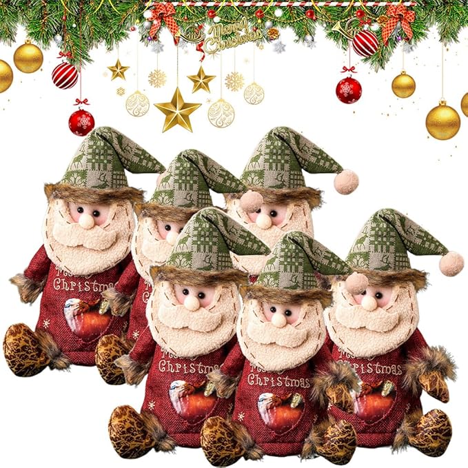 6pcs Christmas Gift Bags Zipper Design, Reusable Flax Fabric Christmas Bags For Candy, Apples (Santa Claus)