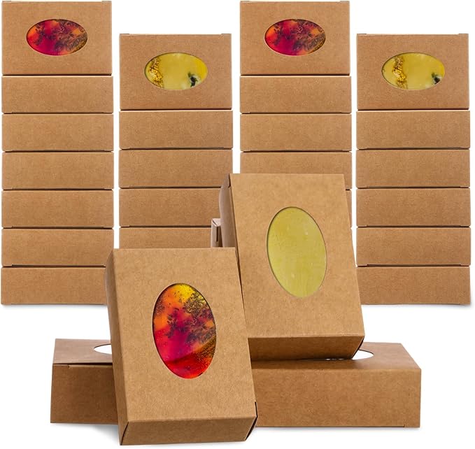 TaoBary 100 Pcs Soap Boxes for Homemade, 3 x 3 x 1.2 Inch Small Paper Gift Packaging Boxes with Window, Gift Wrappers for Soap Packaging Making Party Favor(Oval,Kraft)