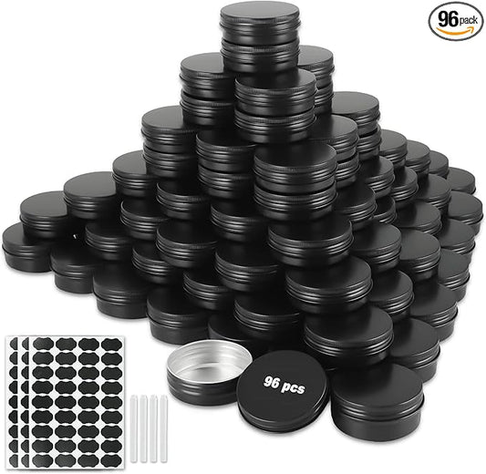 96 Pack Round Cans with Screw Lid 2 Oz Aluminum Metal Tins DIY Food Candle Containers for Lotion Bars, Balms, Salve, Spices, Beard Balm, Crafts with 4 Markers 3 Sheets Label Stickers (Black)
