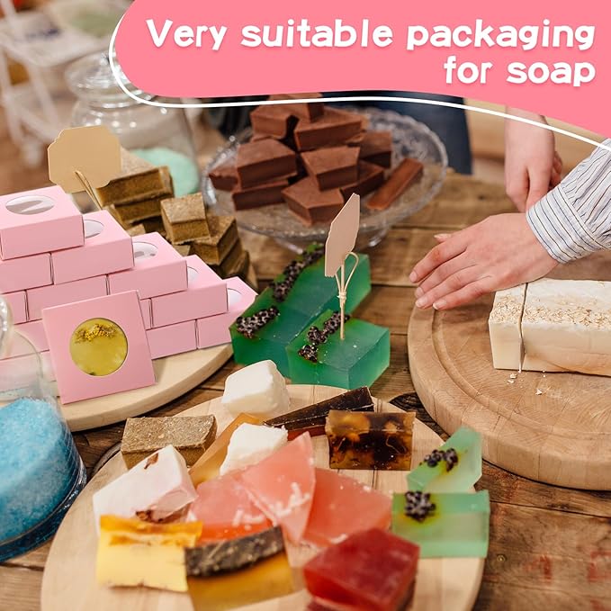 TaoBary 100 Pcs Soap Boxes for Homemade, 3 x 3 x 1.2 Inch Small Paper Gift Packaging Boxes with Window, Gift Wrappers for Soap Packaging Making Party Favor(Round,Pink)
