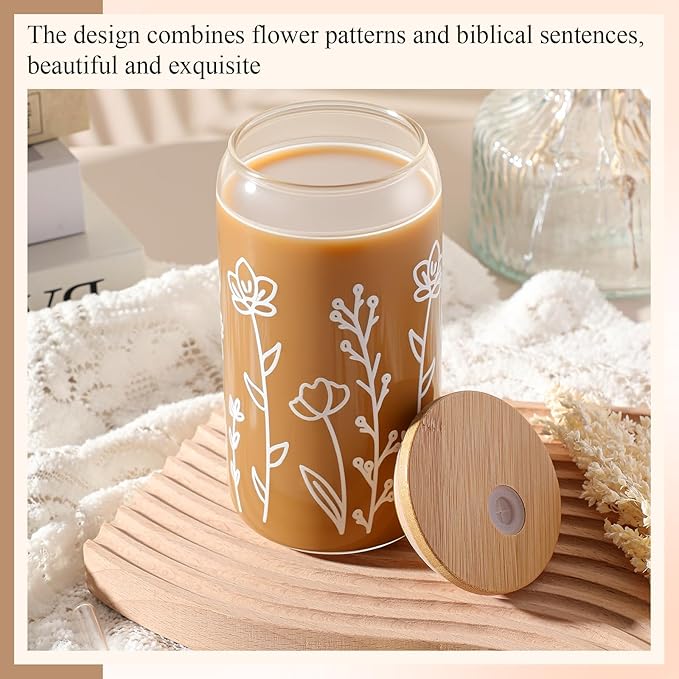 Mumufy Gift for Women Cute Glass Cup Tumbler Flower Iced Coffee Mugs 16 oz Glass with Bamboo Lid & Straw, Mothers Day Birthday Gift for Mom Sister Bridesmaid Baby Shower(1 Pack,Boho Floral)