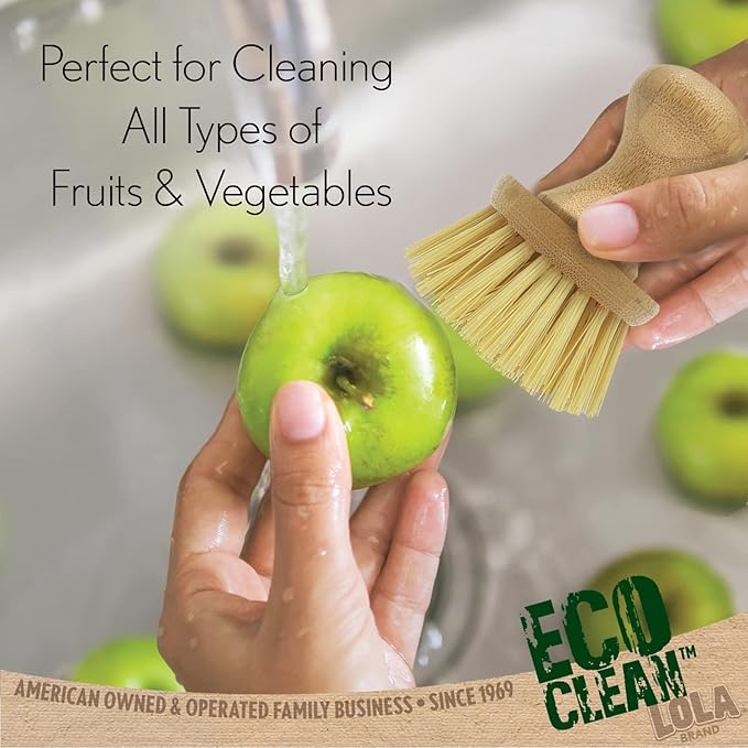 LOLA Vegetable Brush w/Comfort Bamboo Knob, 6 Pack, Durable Poly Bristles, Natural Bamboo, Fibers are Recycled Soda/Water Bottles