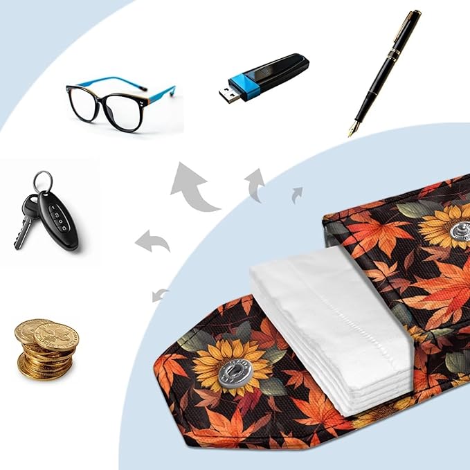 Maple Leaf Sunflower Purse Tissue Holder Portable Pocket Tissue Holder for Coin Keys Tissues with Hanging Rope for Thanksgiving Snap Button Enclosed