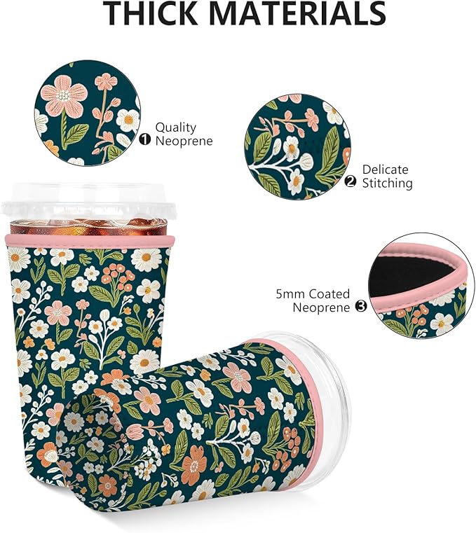 Iced Coffee Sleeve, Reusable Insulated Neoprene Cup Sleeve for Cold & Hot Drinks Beverages, Cup Holder for 22-24oz Coffee Cups,Classic Flower