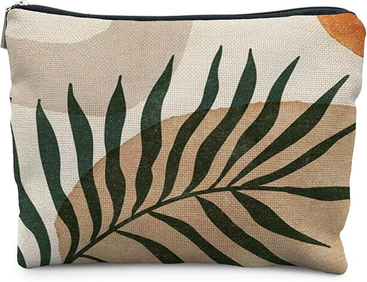 Abstract Boho Botanical Makeup Bag, Tropical Palm Leaf Cosmetic Bags for Women, Boho Gifts for Women, Minimalist Modern Plant Zipper Makeup Pouch