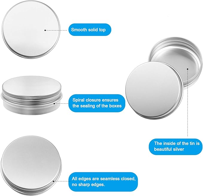Patelai 72 Pcs 2 oz Aluminum Tins Salve Containers with Screw Lid and Labels Round Cans Travel Cosmetic Metal Tins Jar for Candles Lotion Bars Balms Food Spice Candies DIY Crafts(Silver)