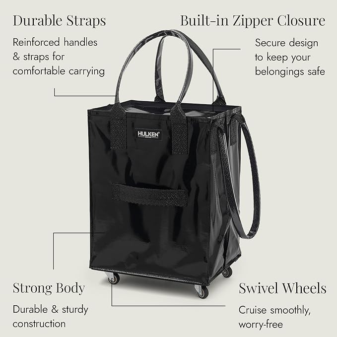 (Medium, Black) Reusable Grocery Bag On Wheels, Shopping Trolley, Rolling Tote, Zipper Closure, Lightweight, Carries Up to 66 lb, Folds Flat, Unbreakable Handles