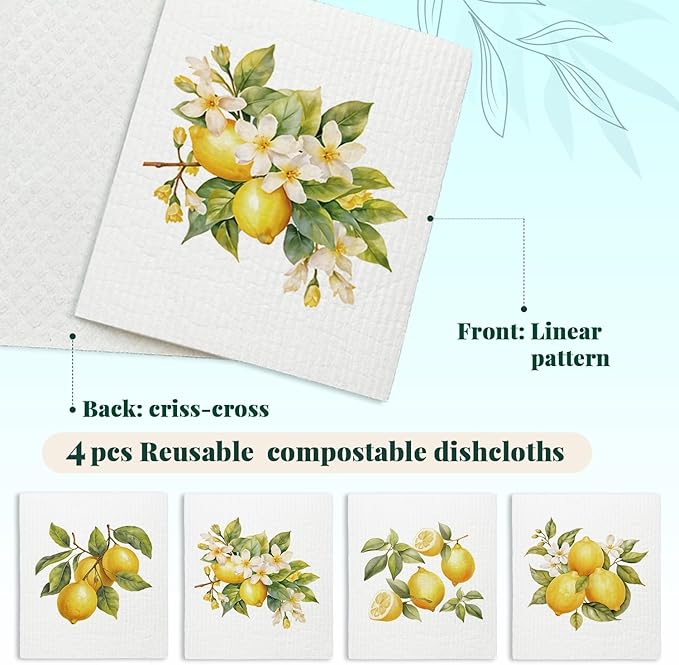 Swedish Dishcloths for Kitchen, Papaya Reusable Paper Towels Washable, Summer Lemon Swedish DishCloths for Friut, 4 Pack Dish Towels for Kitchen, No Odor Cleaning Cloths