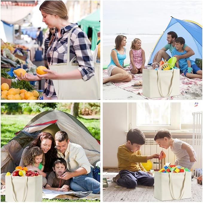 LINICE Canvas Tote Bag Reusable Grocery Bags with Long Shoulder Strap and Short Handle Foldable Heavy Duty Washable (6 Pack)