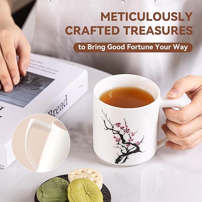 15oz Jadeite Ceramic Coffee Mug with Plum Blossom Design, 1340℃ High-Fire Teacup - Lead-Free, Microwave Safe, Unique Gift for Tea/Coffee Lovers & Friends