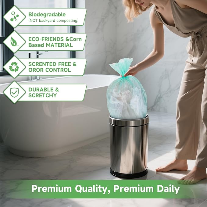 Small Bathroom Trash Bags 4 Gallon - 4 Gal Mini Garbage Bags Green 15 Liter 100 Count Unscented Biodegradable Compostable Waste Basket Kitchen Office Liners Strong Thick Bulk Heihaily