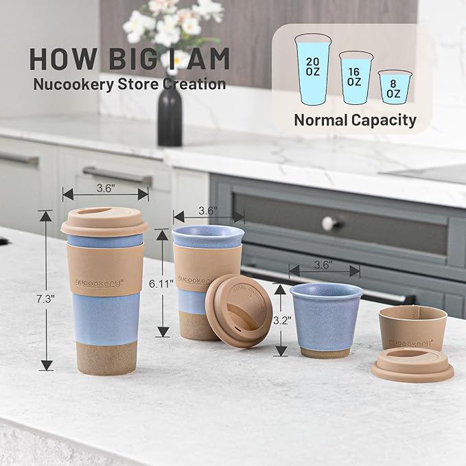 Nucookery Ceramic Travel Coffee Mug Set, Coffee Tumbler with Silicone Lid and Non-Slip Sleeve, Unique To Go Mug, Gifts for Women & Men, Microwave Safe Cappuccino, Tea, Latte, Iced-Coffee Cups, Blue