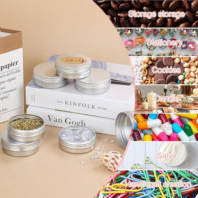YQ 60 Pack 2oz Tins with Lids, Refillable Salve Tins, Thick 2 oz Tin with Labels, Screw Lid 2oz Tin, Aluminum Round Salve Containers, for Lotions, Balms, Salve, Candle(Silver)