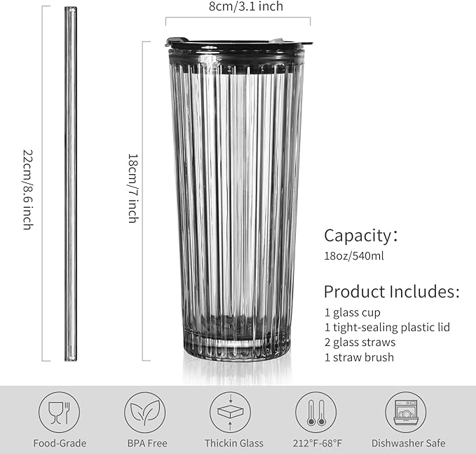 Puraville 18oz Glass Cup with Lid and Straw, Vintage Ribbed Striped Thickened Glassware for Whiskey Cocktail Beer, Mason Jar Drinking Glasses Tumbler Iced Coffee Cup, Black