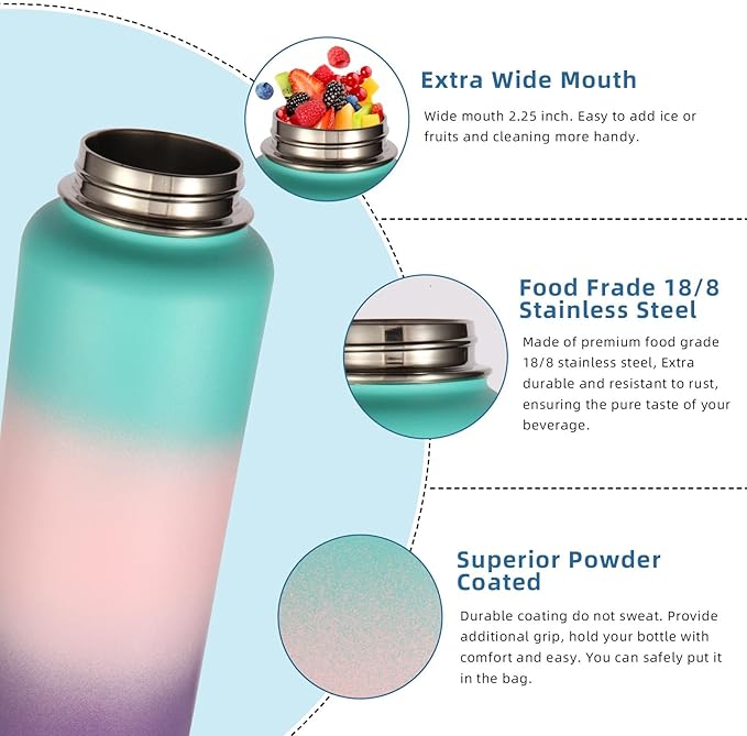 Volhoply Insulated Water Bottles Bulk 2 Pack, 40 oz Sports Bottle with Paracord Handle & Spout Lid, Double Walled Vacuum Water Cups with Wide Mouth,Reusable Hiking Water jug(Gradient Color,2 Set)