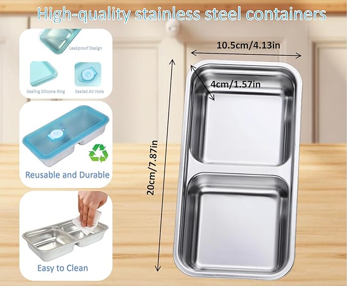 Stainless Steel Snack Containers,2 Compartment Reusable Snack Containers with Lids,Snack Box,Stainless steel lunch containers for Travel,Office,Outdoor Camping,Daily Use(4PCS)
