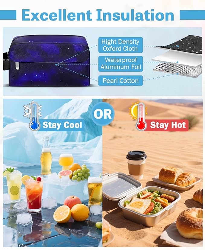 Small Insulated Snack Bag Lunch Box,Collapsible Reusable Small Lunch Bag with Snap Buckle Handle for Beach Travel Picnic,Starlit Sky 5-Can(3L)