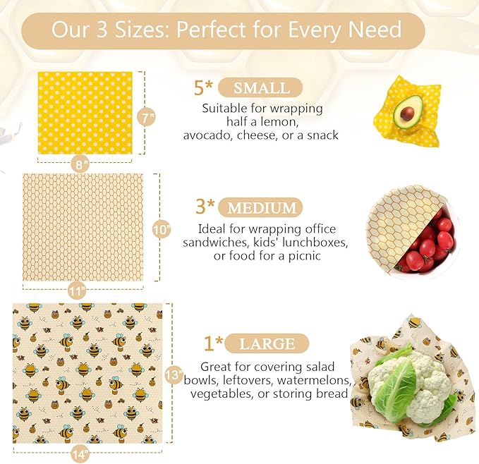 Reusable Beeswax Food Wraps - 9 Pack (5S,3M,1L) for Bread, Sandwiches, Cheese & Bowl Covers, Mason Jars, Eco-Friendly Kitchen Storage | Organic, Zero Waste, Plastic and Silicone Free