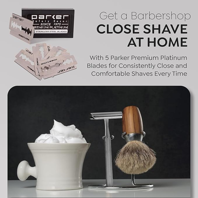 Parker 78R Double Edge Safety Razor with 5 Safety Razor Blades, Women & Men’s Safety Shaving Razor, Reusable, Plastic Free – Satin Chrome