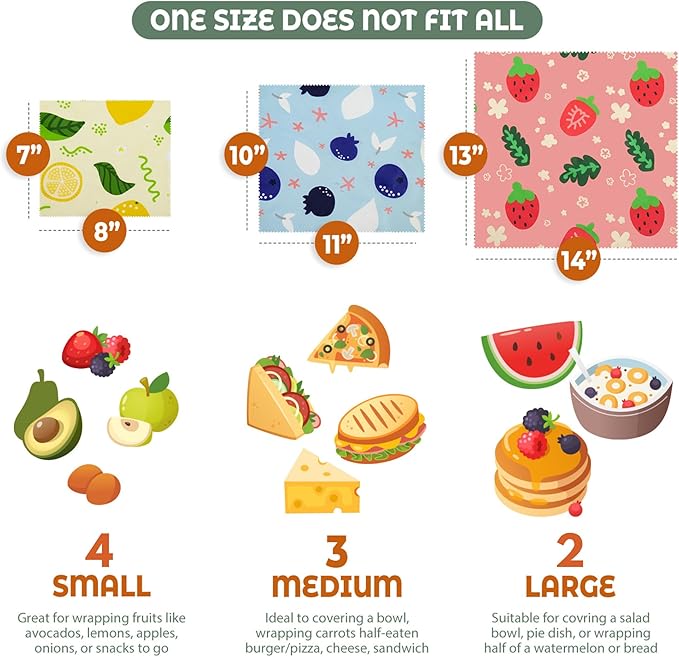 Akeeko Reusable Beeswax Food Wraps - Assorted 9 Packs, Reusable, Plastic-Free Food Storage, 4 Small, 3 Medium, 2 Large Wraps with Assorted Fruits Pattern