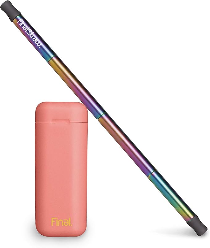 FinalStraw Collapsible, Reusable, Metal Straw | Travel Case, Cleaning Tool | Easy to Clean | Stainless Steel and 100% Silicon Tips | Eco-Friendly | Healthy Coral Case, Rainbow Stainless Steel