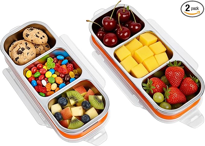 Stainless Steel Snack Box Container - 2 Pack Bento Box for Kids & Adults, 3 Compartment Leak-Proof Snack Containers with Lids（3Org+3Org）