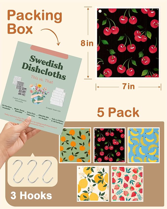 Swedish Dishcloths for Kitchen with Hooks - Reusable Dish Cloths for Washing Dishes Fast Drying Cute Fun 5 Pack Swedish Dish Towels Washable Cleaning Sponge, Fruit